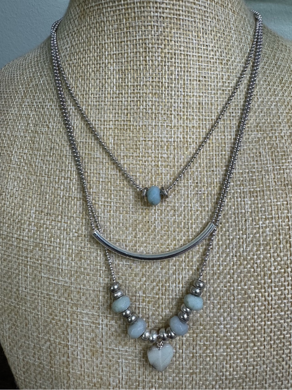Lizzy James Annatto 3 Strand Necklace Blue Amazonite Beads Quartz Heart Pendant